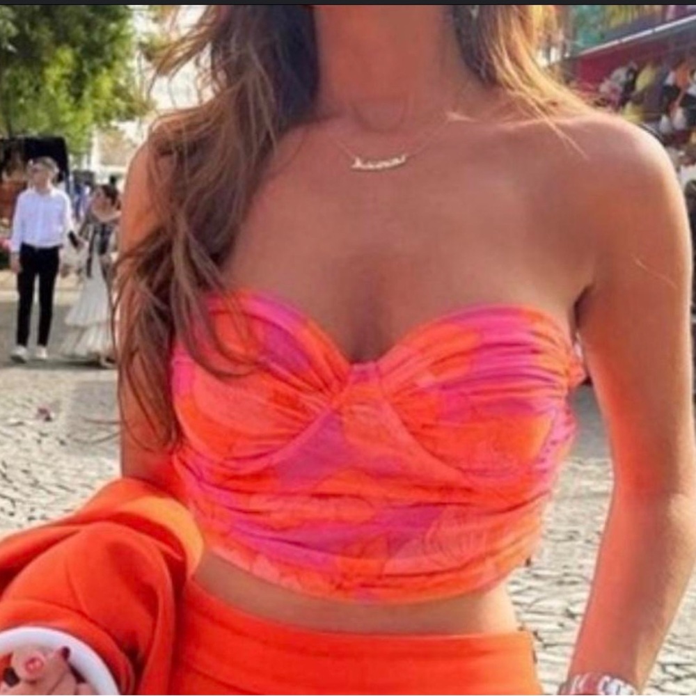 Zara Pink and Orange Strapless Top
